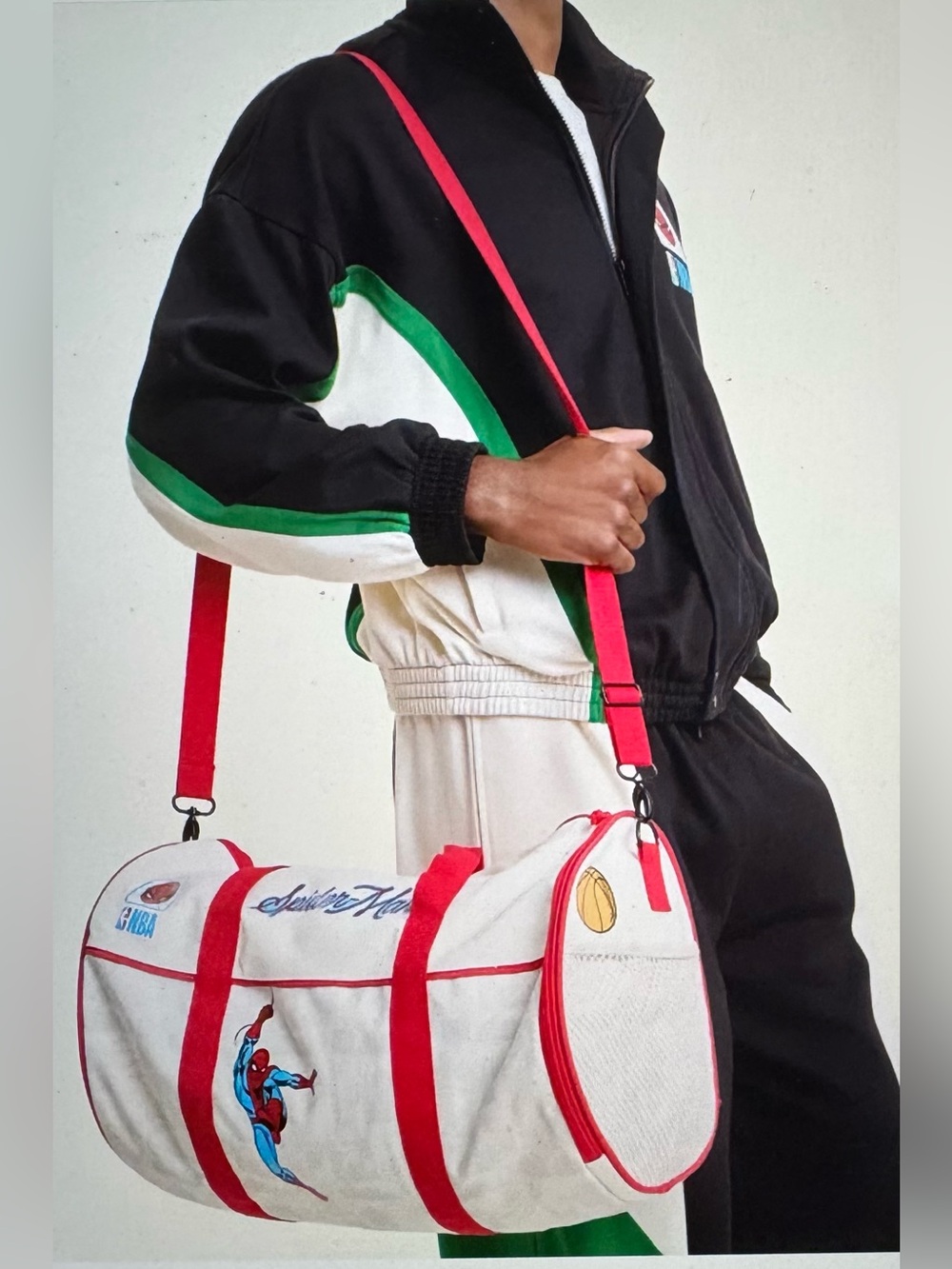 NBA Unisex White and Red Canvas Duffel with Retro Basketball Motif